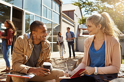 Buy stock photo Shot of two students studying together on campus