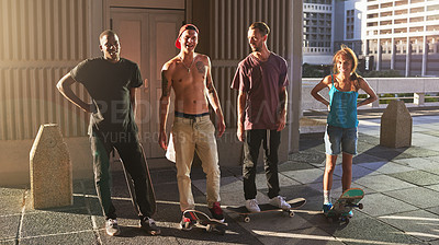 Buy stock photo Shot of a group of skaters standing together