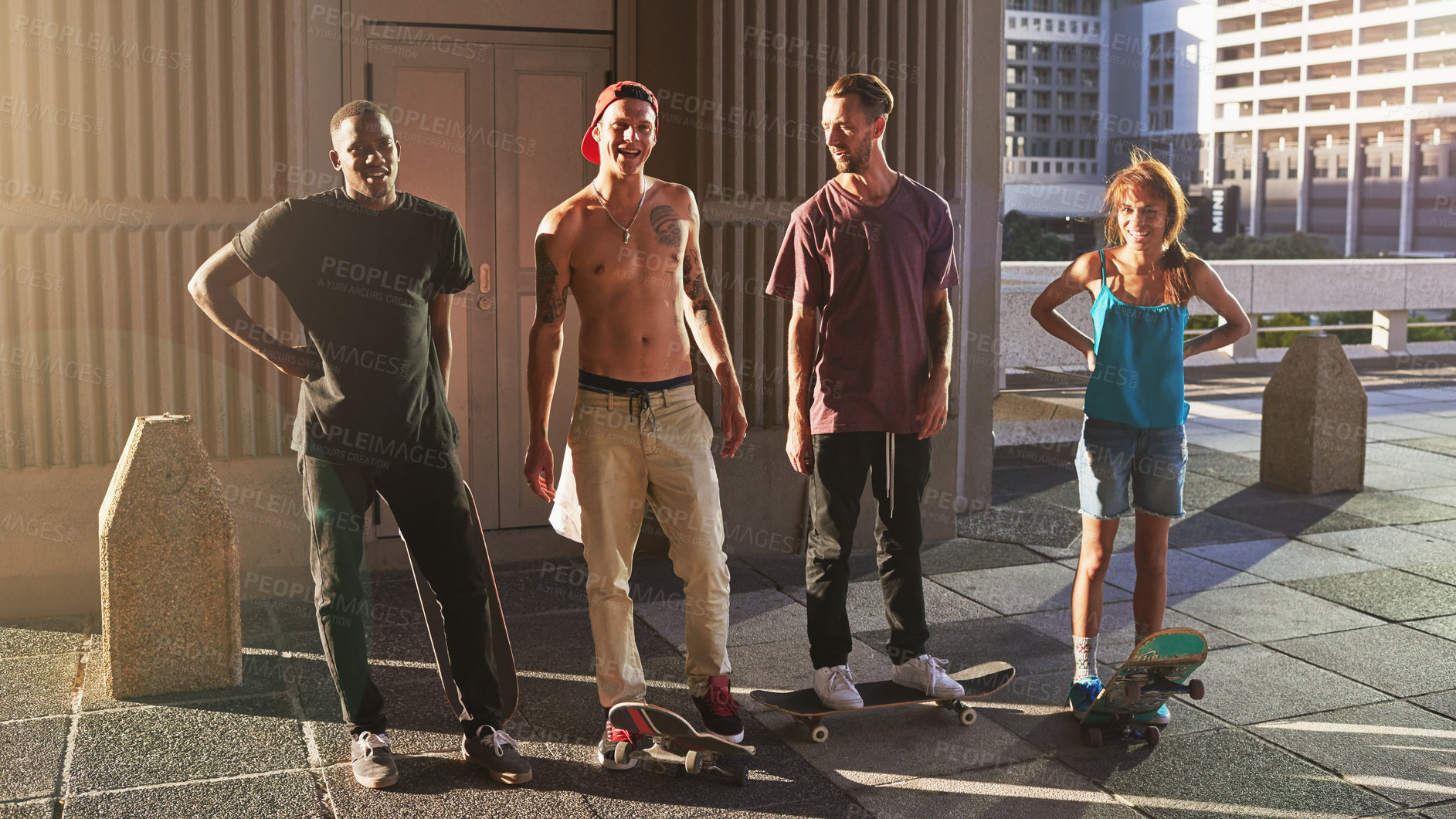 Buy stock photo Shot of a group of skaters standing together