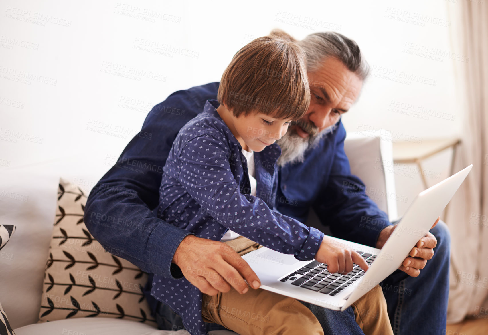 Buy stock photo Grandfather, son and laptop in lounge with love and bonding together with cartoon in living room. Happy family, boy and  computer for choice of online games, holiday and movie subscription in home