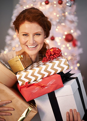 Buy stock photo Woman, portrait and Christmas tree with gift box for holiday giving with season celebration, event or packaging. Female person, face and excited for vacation break with present, giveaway or prize