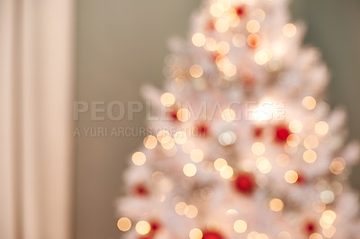 Buy stock photo Christmas, tree and ornaments in living room with blur, holiday or preparation for festive season. Morning, bokeh and tradition for decoration, xmas and December winter vacation in apartment