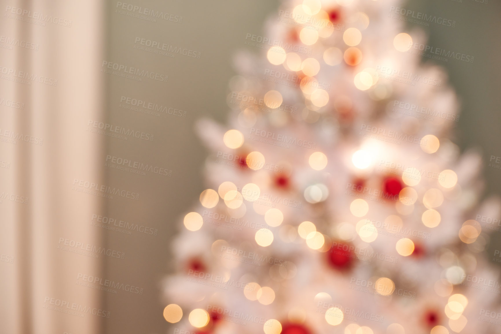 Buy stock photo Christmas, tree and ornaments in living room with blur, holiday or preparation for festive season. Morning, bokeh and tradition for decoration, xmas and December winter vacation in apartment