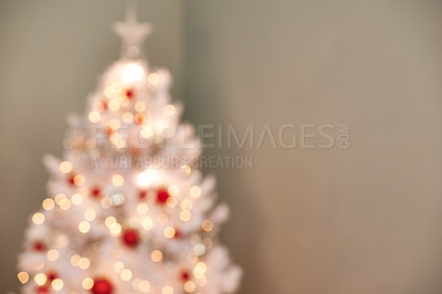 Buy stock photo Christmas, tree and decorations in living room with blur, holiday or preparation for festive season. Morning, bokeh and tradition for celebration, xmas and December winter vacation in apartment