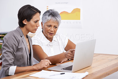 Buy stock photo Focus, teamwork and business women on computer in digital analytics, data analysis or review online report. Professional people reading results on laptop for seo planning, solution or problem solving