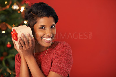 Buy stock photo Portrait of an attractive young woman holding her Christmas gift