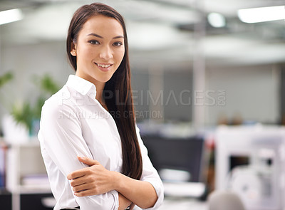 Buy stock photo Portrait, young and businesswoman with confidence in office, arms crossed and professional with ambition. Happy person, smile face and hr consultant with job satisfaction and pride in career at work