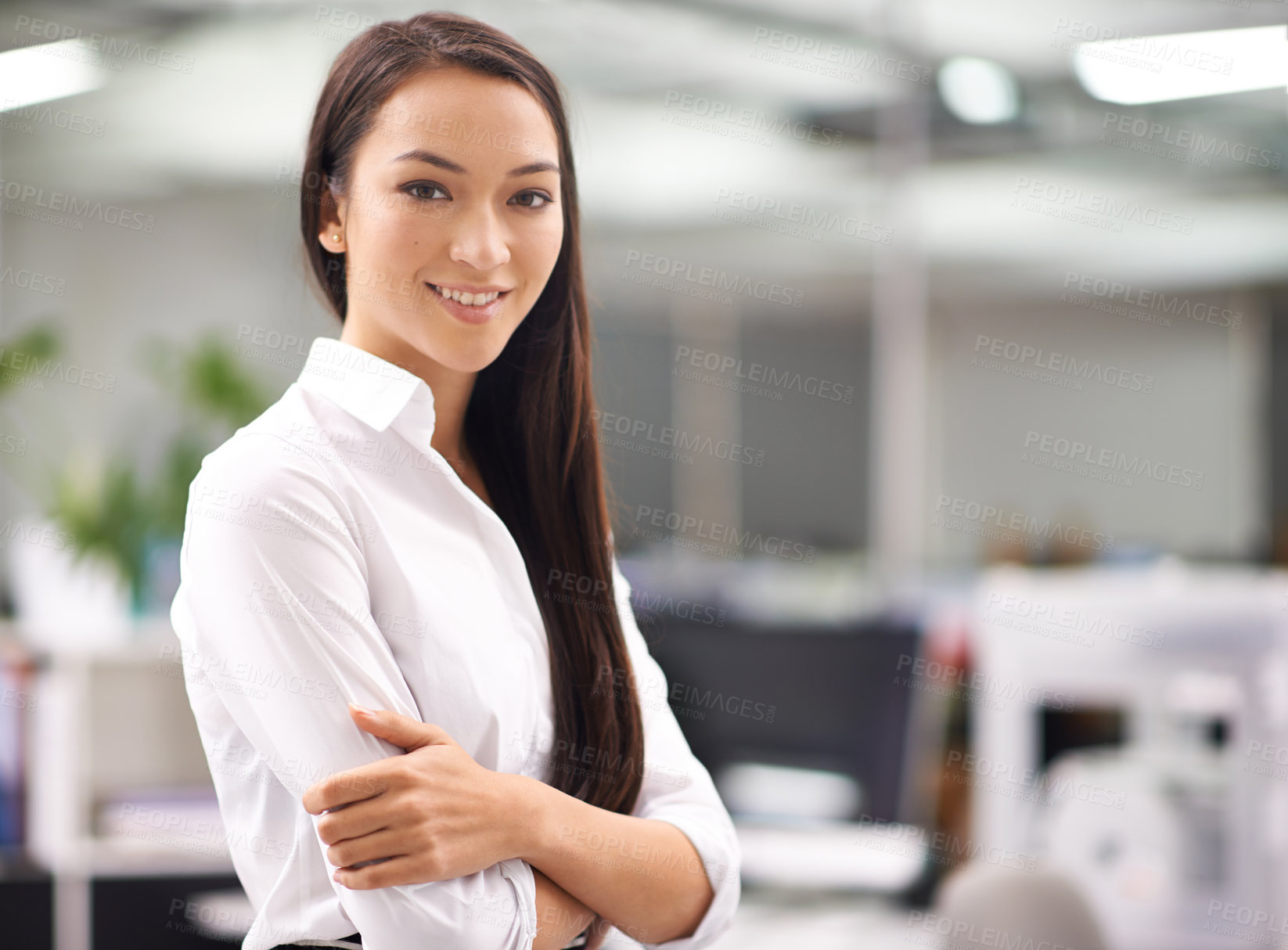 Buy stock photo Portrait, young and businesswoman with confidence in office, arms crossed and professional with ambition. Happy person, smile face and hr consultant with job satisfaction and pride in career at work