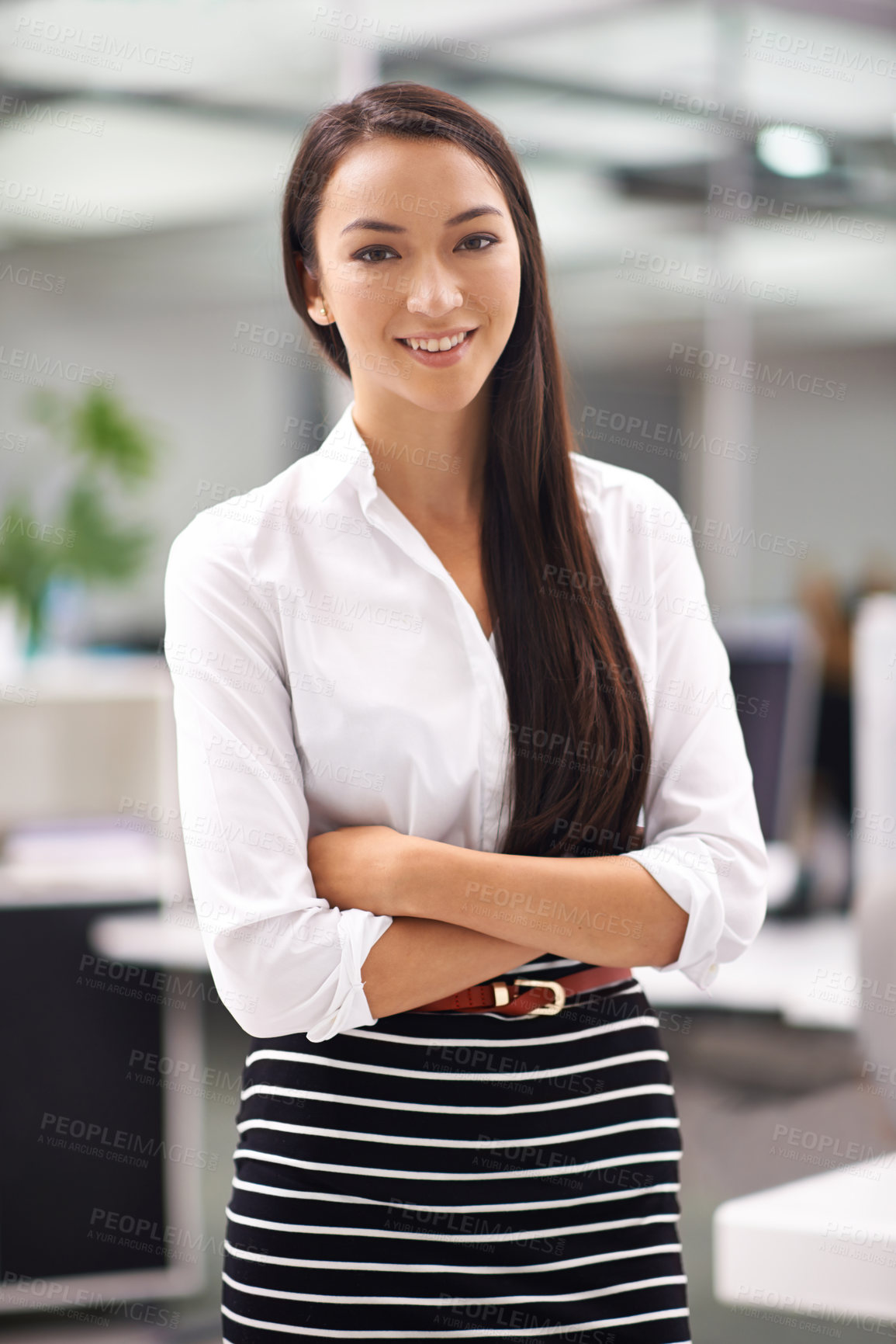 Buy stock photo Portrait, happy or young businesswoman in office or professional person with arms crossed in job confidence. Positive, face or journalist for career satisfaction, pride or talent as writer in company