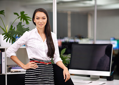 Buy stock photo Portrait, computer screen and businesswoman with confidence in office and technology for productivity. Happy, face and web developer with job satisfaction, connection and software update in company