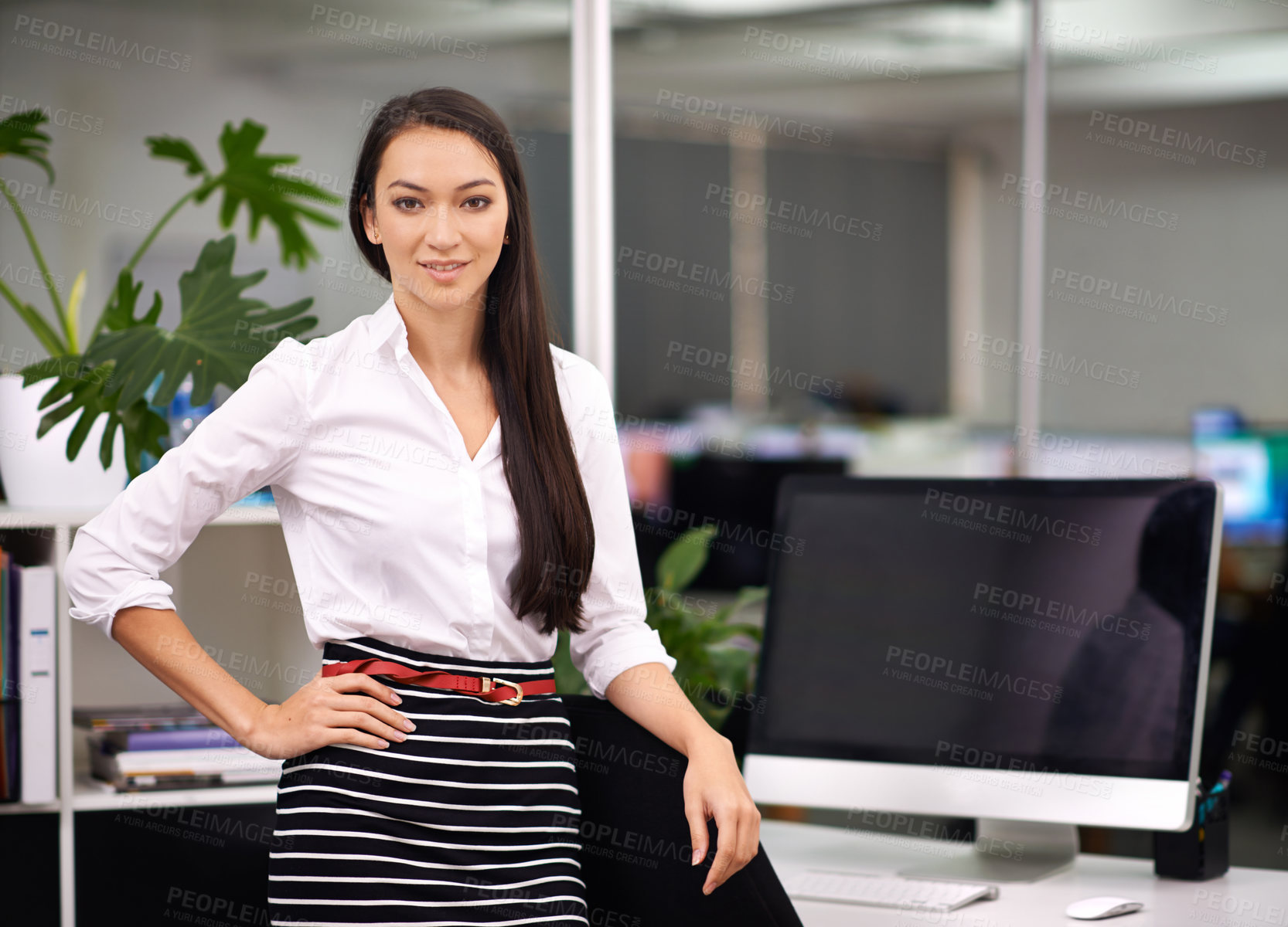 Buy stock photo Portrait, computer screen and businesswoman with confidence in office and technology for productivity. Happy, face and web developer with job satisfaction, connection and software update in company