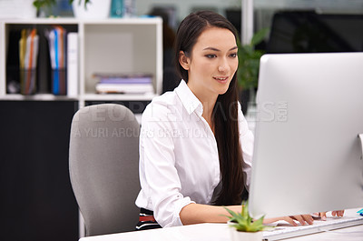 Buy stock photo Woman, office and pc in desk with smile for work with typing notes, documents and online schedule as assistant. Administration, female person and happy on computer for internet or website for search.