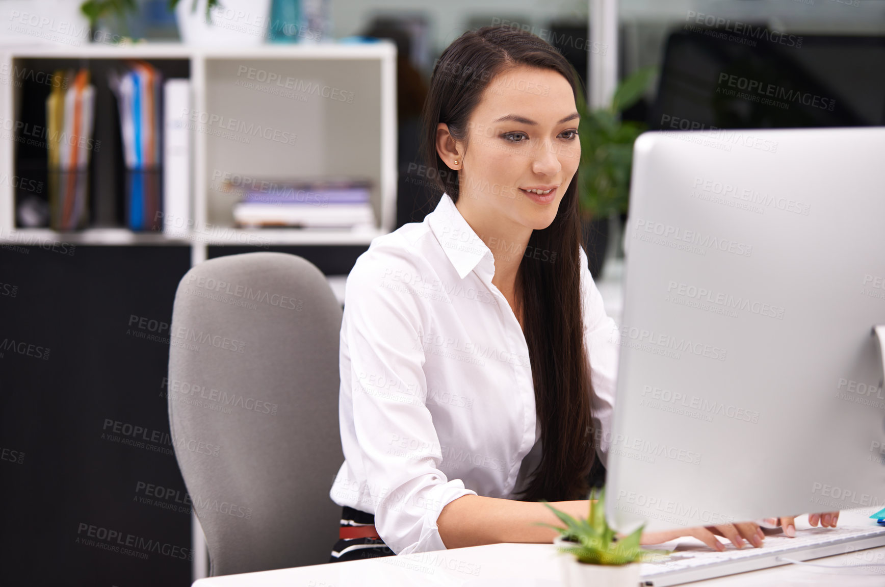 Buy stock photo Woman, office and pc in desk with smile for work with typing notes, documents and online schedule as assistant. Administration, female person and happy on computer for internet or website for search.