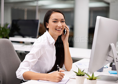 Buy stock photo Portrait, phone call and writing with business woman in corporate office for communication or networking. Computer, planning and smile with happy young employee talking on mobile at workplace desk