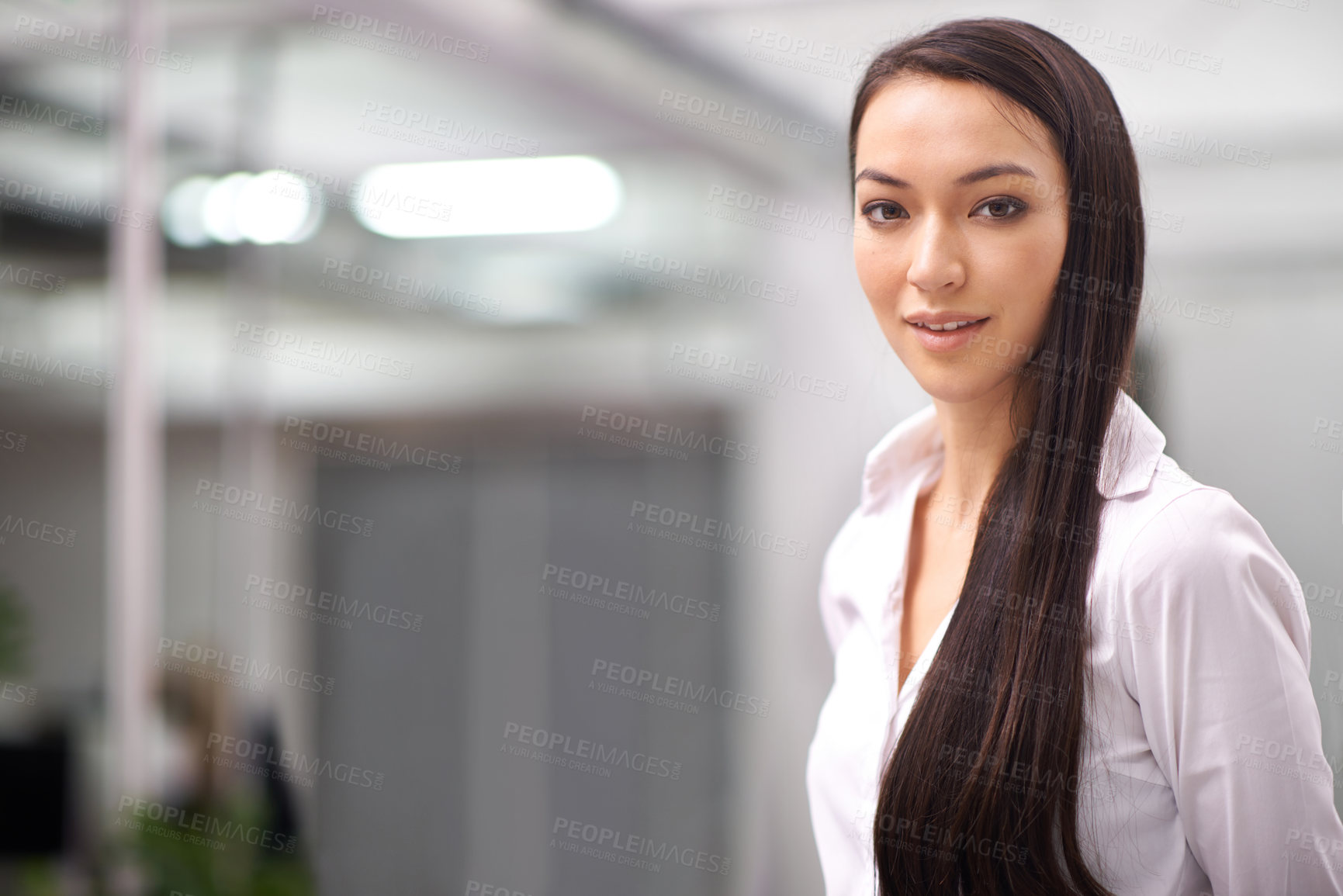 Buy stock photo Employee, portrait and woman in office, workspace and professional for creative career. Graduate, worker and intern for publication, artistic job or magazine company with mockup in conference room