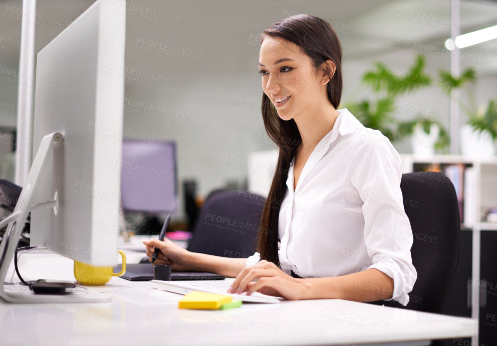 Buy stock photo Woman, office and computer with drawing on tablet with smile on computer for concepts, artwork and digital designer. Female person, creative and happy on pc for internet or website for search.