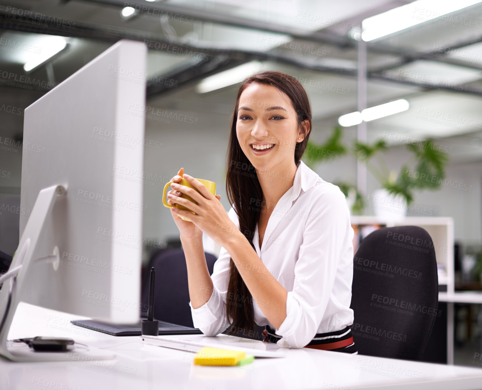 Buy stock photo Coffee, computer and portrait of business woman in office reading information for research on internet. Technology, smile and female designer working on desktop and drinking cappuccino in workplace.