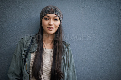 Buy stock photo Woman, beanie and jacket with portrait, confidence and urban fashion or street style. Female student, denim and cold with trendy, winter and cape town adventure or holiday on grey wall background