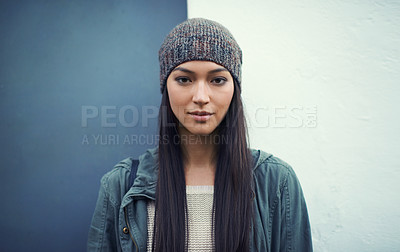 Buy stock photo Portrait of a young woman standing outdoors