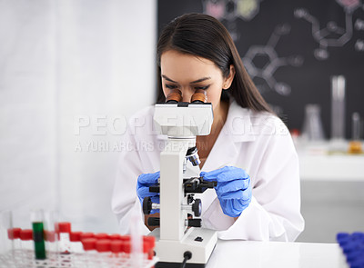 Buy stock photo Science, research and doctor in laboratory with microscope for chemistry, results and innovation for medical career. Professional, worker and scientist with container, analysis or particles for study