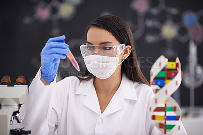 Buy stock photo Science, test tube and woman in mask for medical research, experiment and dna. Scientist, glasses and professional with vial for chemistry, biology and check liquid sample for laboratory analysis