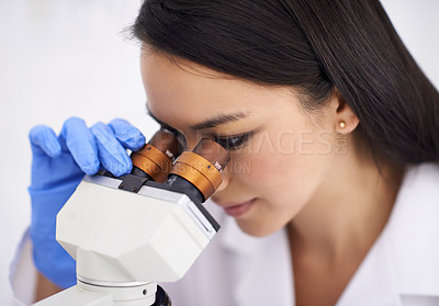 Buy stock photo Woman, laboratory and microscope for science examination for medical research, futuristic or innovation. Female person, equipment and dna particles for investigation experiment, test or vaccine