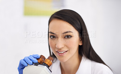 Buy stock photo Woman, portrait and laboratory with microscope for research for medical breakthrough, future or innovation. Female person, equipment and dna examination for investigation test, chemistry or virus