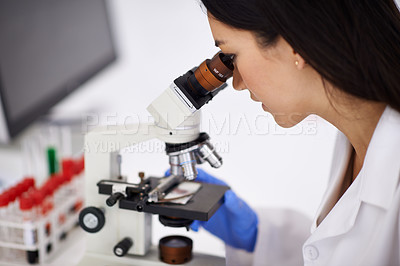 Buy stock photo Woman, microscope and laboratory experiment with particles for dna investigation, examination or futuristic. Female person, equipment and bacteria breakthrough for medical research, science or test