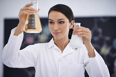 Buy stock photo Woman, scientist and laboratory experiment or equipment for medical research or investigation, breakthrough or beakers. Female person, liquid and virus examination for healthcare, future or chemistry