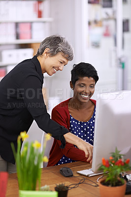 Buy stock photo Women, computer or talk of diversity in business, discussion or exchange of ideas as collaboration. Businesswomen, desktop pc or tech in support, training or communication to solve questions online