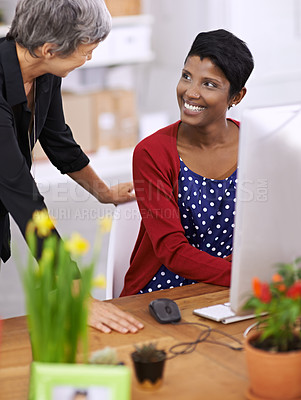 Buy stock photo Businesswomen, computer or talk of diversity in business, discussion or exchange of ideas on project. Mentor, women or desktop as tech in support, training or communication to solve questions online