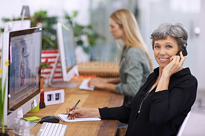 Buy stock photo Portrait, phone call and mature manager writing notes, talking or coworking in startup. Face, happy woman and ceo on cellphone with book for info, business and creative designer on computer at desk