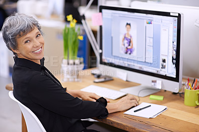 Buy stock photo Senior woman at desk, computer screen and smile in portrait, editor at magazine and editing image with software for publication. Professional female with creativity and editorial career with design