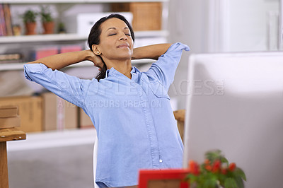 Buy stock photo Business woman, computer or relax in office with smile and job satisfaction or technology for project achievement. Professional, person and entrepreneur for rest in chair and happy for company growth