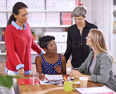 Buy stock photo Women in meeting at fashion magazine, diversity and teamwork in conference room with collaboration. Planning, creative team of female employees working together and brainstorming editorial ideas