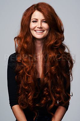 Buy stock photo Red hair, happy and portrait of woman in studio for keratin treatment, wellness and haircare on white background. Salon, hairdresser and ginger female model with beauty, healthy and natural hairstyle