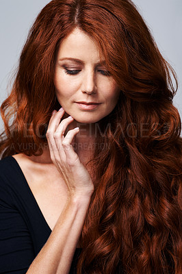 Buy stock photo Hair care, red head and woman in studio for beauty, wellness and keratin treatment on white background. Haircare salon, hairdresser and ginger female model with shine, healthy and natural hairstyle