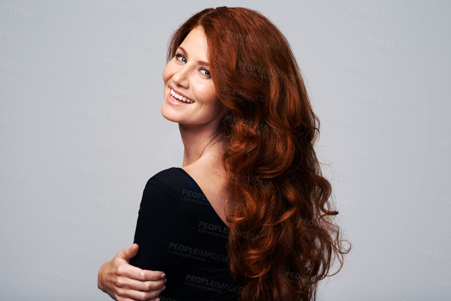 Buy stock photo Portrait, smile and woman with hair care, beauty and wellness against grey studio background. Face, female person and lady with salon treatment, grooming and luxury with hairstyle, cheerful and happy