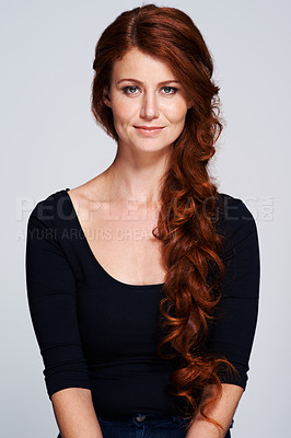 Buy stock photo Beauty, hair and braid with portrait of woman for salon, red head and cosmetology. Smile, shampoo and stylist with female model isolated on white background for haircut, ginger and cosmetics