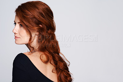 Buy stock photo Beauty, space and thinking with woman in studio isolated on white background for natural wellness. Red hair, future and vision with confident mature model on mockup for keratin haircare treatment
