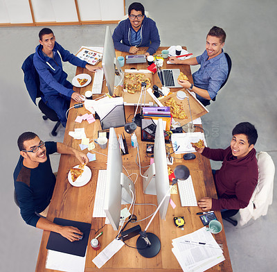 Buy stock photo Business team, men and portrait while eating with top view for deadline, pizza and coworking company. Programmer, collaboration and working on lunch with fast food, happiness and software development