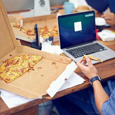 Buy stock photo Pizza, office and worker hands on laptop screen for programming, software and information technology. Person or programmer eating fast food at startup company or job with web development on computer