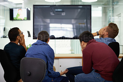 Buy stock photo Men, group and mockup with tv in office for failure with friends together for streaming entertainment. People, unhappy and frustrated emotion for blackout or power outage, screen and darkness.