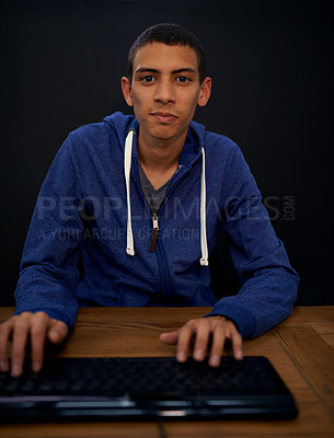 Buy stock photo Student, portrait and man working on keyboard, typing on assignment for university. Studying, programming and educational development in home, elearning on technology and pov for focused male person