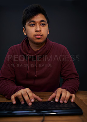 Buy stock photo Asian man, face and keyboard for coding, programmer and information technology with video game or software development. Internet, computer programming with gamer or developer for cyber security