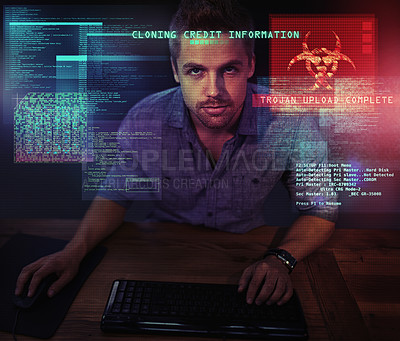 Buy stock photo Hologram, hacker and man with code, hacking and keyboard with internet and programmer. Portrait, person and holographic with cyber security and malware with software development and system update