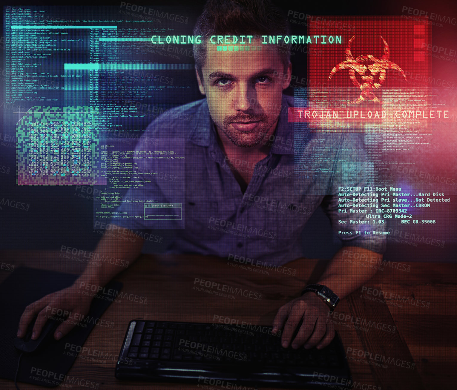 Buy stock photo Hologram, hacker and man with code, hacking and keyboard with internet and programmer. Portrait, person and holographic with cyber security and malware with software development and system update