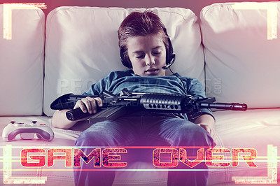 Buy stock photo Tired, kid and gaming in home at night with overlay of video game in competition with virtual gun, skill or violence. Esports, graphic or child sleep after playing in battle with electronics weapon