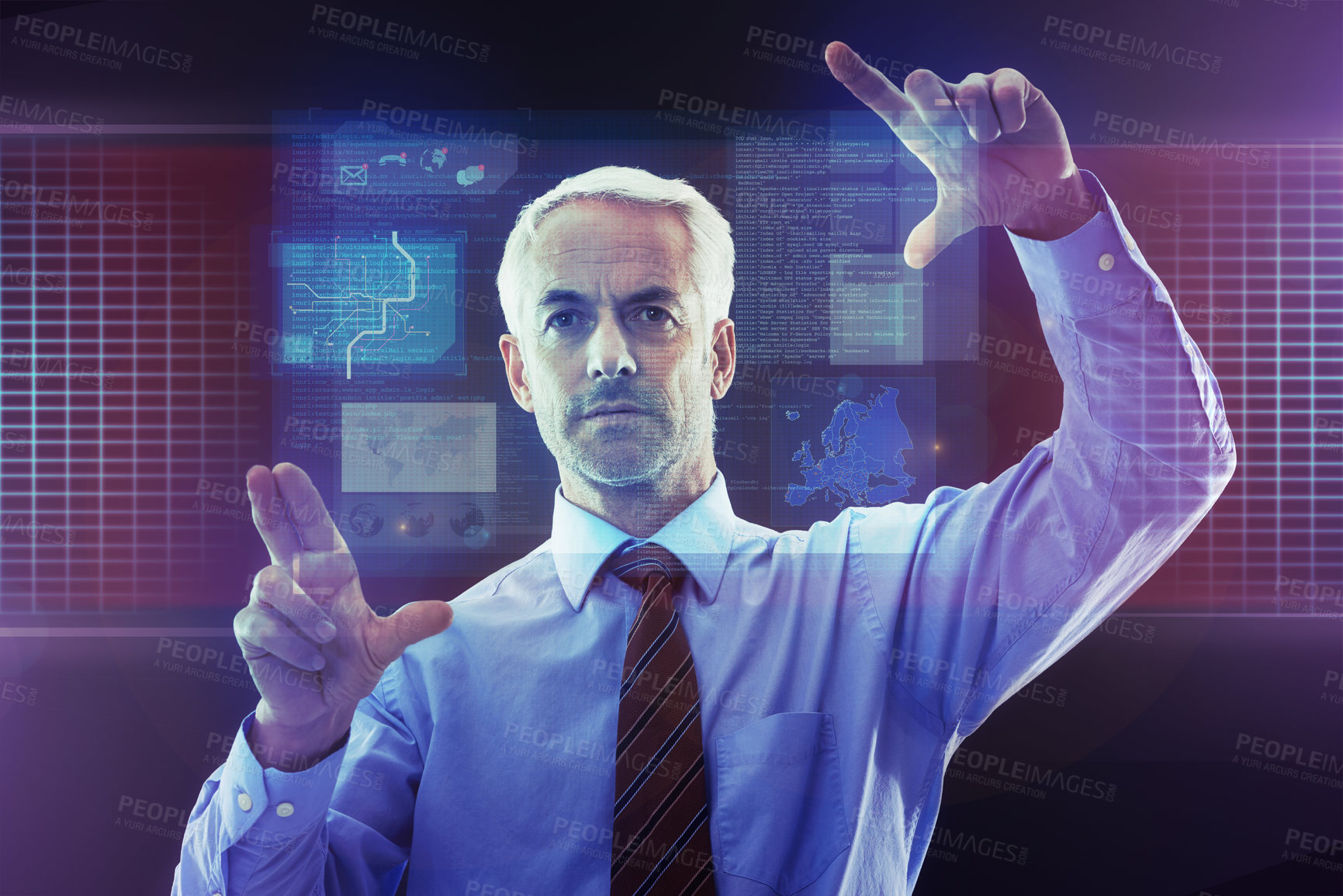 Buy stock photo Businessman, hands and digital interface for future technology for cyber security, information or hologram. Male person, fingers and 3d overlay or cloud computing for innovation, location and map