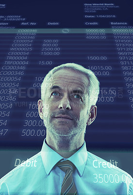 Buy stock photo Man, thinking and overlay of stock market or digital as finance data as hologram or futuristic, technology or numbers. Male person, exchange and 3d or analytics for trading, double exposure or online